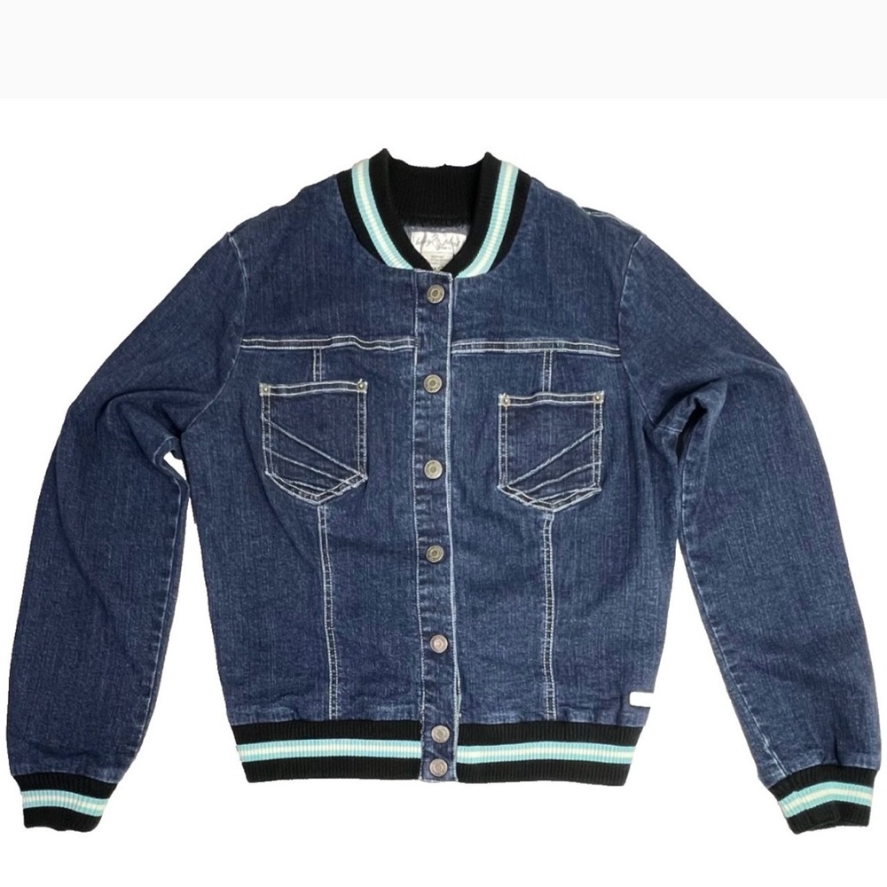Vtg Baby Phat Y2K Denim Bomber Varsity Jean Jacket Size L Streetwear Retro Style - Picture 3 of 15
